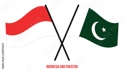 Indonesia and Pakistan Flags Crossed And Waving Flat Style. Official Proportion. Correct Colors.