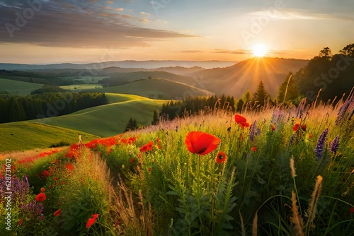 sunset in the mountains and generated AI