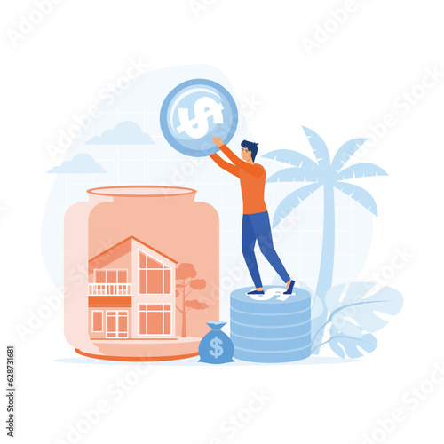 Mortgage process, Characters buying property with mortgage, receiving bank approval, signing contact and legal documents, flat vector modern illustration