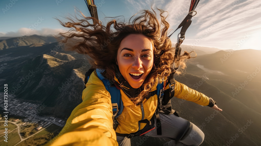 Showing the woman's focused expression while paragliding - obrazy, fototapety, plakaty 