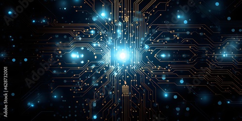 Technology circuit board background illuminated by blue light. Postproducted generative AI