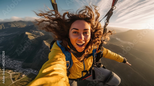Showing the woman's focused expression while paragliding photo