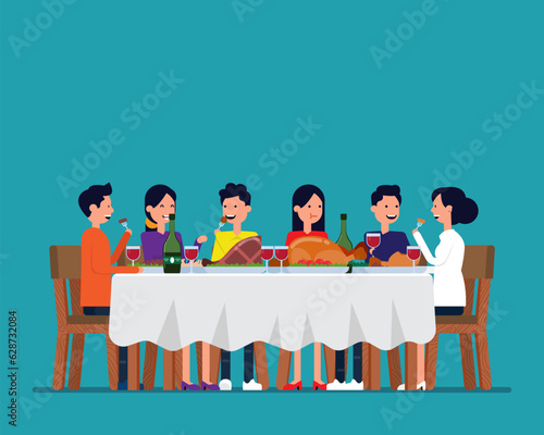 Big family dining together. Vector illustration celebration  and meeting concept