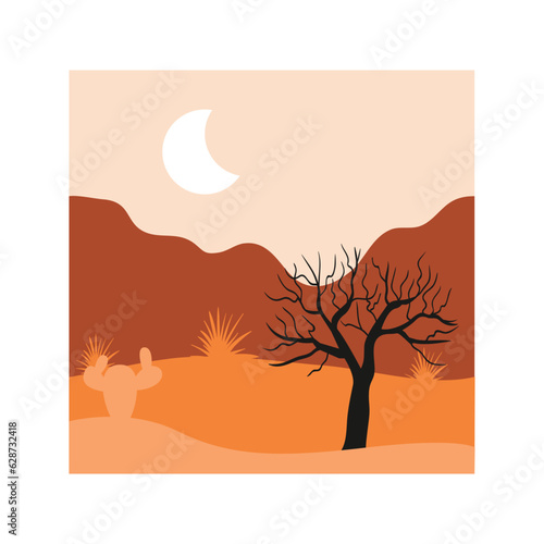 Vector illustration of sunset desert landscape. Wild Western Texas desert sunset with mountains and cactus in flat cartoon style.