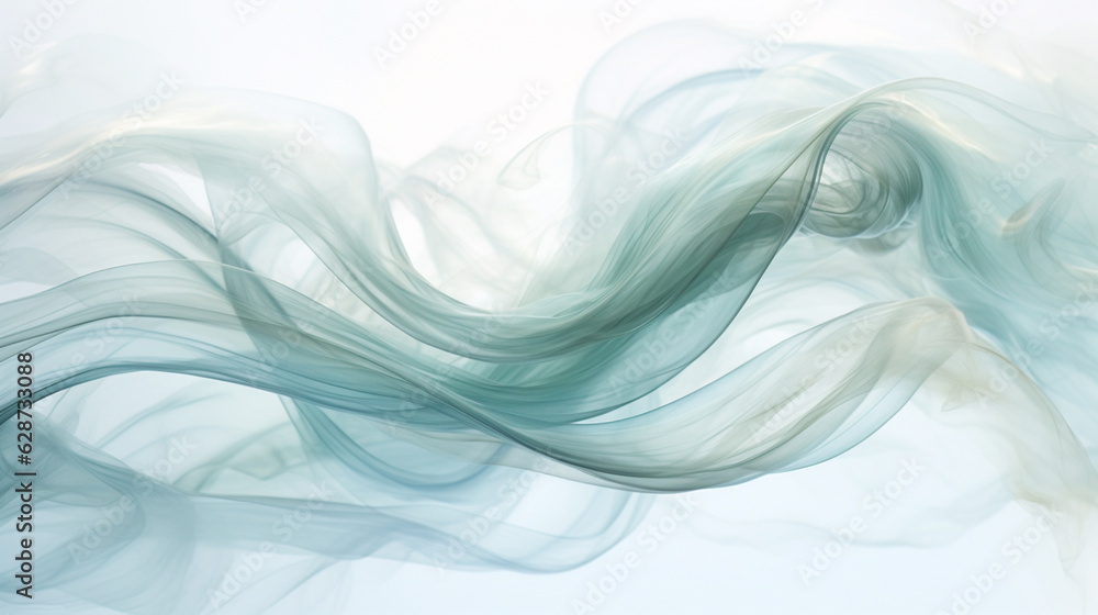 Generative AI image of abstract mossy green smoke movement backdrop: Waves of serene mossy green mist cascade and intertwine, evoking a sense of calm and tranquility in their gentle, fluid motions.