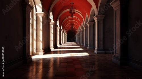 Architectural historical composition of ancient arches of a dark corridor with contrasting light from windows and a red ceiling. AI generation 