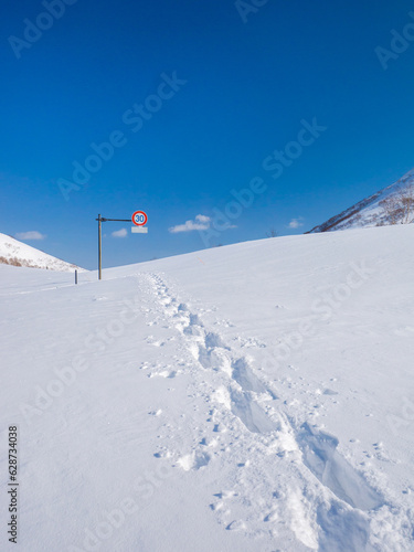 Footprints towards a road sign half buried in deep snow (Niseko, Hokkaido, Japan) photo