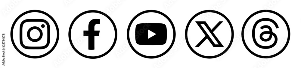 X Threads Instagram Facebook YouTube logo icon in round outline circle