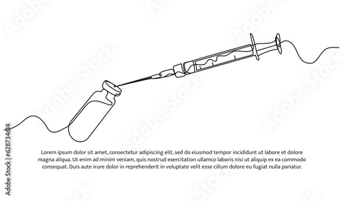 One continuous line of filling liquid into a syringe. Decorative elements are drawn on a white background.