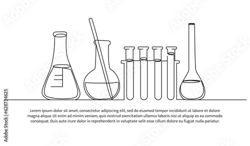 One continuous line of a collection of glass tubes of chemical lab equipment. Decorative elements are drawn on a white background.