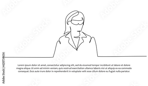 One continuous line design of a portrait of a female scientist in medical glasses. Decorative elements are drawn on a white background.