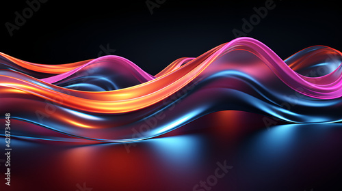 3d render. Abstract neon wallpaper. Glowing lines over black background. Light drawing trajectory, twisted ribbon, Ai Generative © Dhananjoy