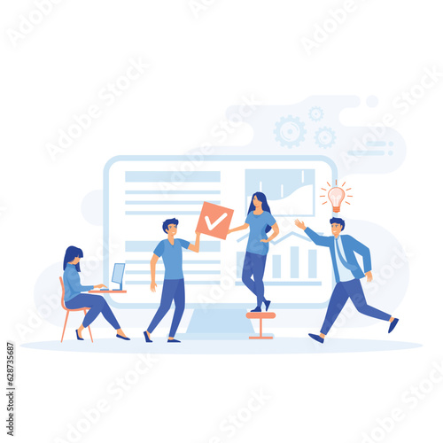  teamwork concepts. big computer and programmer team moving cards on electronic kanban task board,  flat vector modern illustration 