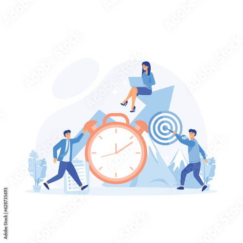 Time Management Concept,  active group of people doing their daily routine productively to reach goal, flat vector modern illustration 
