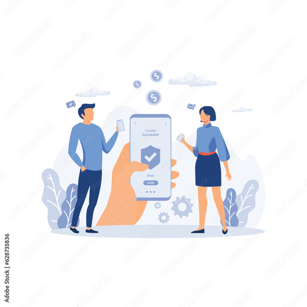 Successful transaction. Girl in smartphone transferred, sent money, coins, cash to electronic account on Internet to man. flat vector modern illustration Successful transaction. Girl in smartphone transferred, sent money, coins, cash to electronic account on Internet to man. flat vector modern illustration