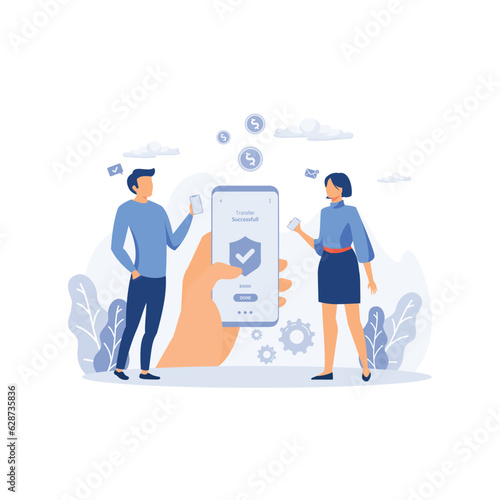 Successful transaction. Girl in smartphone transferred, sent money, coins, cash to electronic account on Internet to man.  flat vector modern illustration