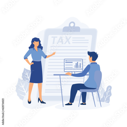 Taxation planning concept. Characters using tax calendar to filling tax declaration form online and with financial adviser. flat vector modern illustration