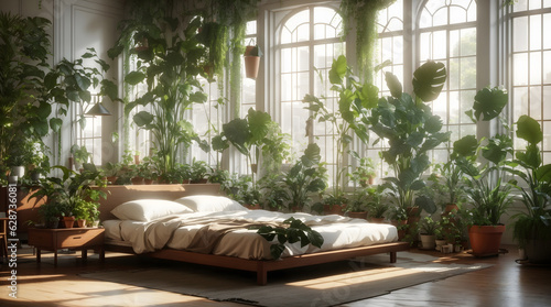 鉢植えの植物のある部屋、太陽光｜Room with potted plants, sunlight. Generative AI