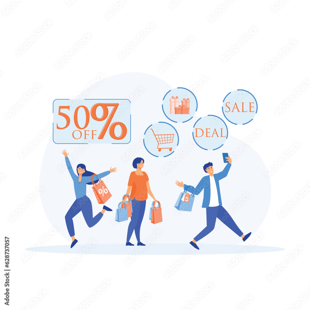 Discount and Advertising Banner, Flyer, promo Poster, Set of people with Shopping Bags and Presents. flat vector modern illustration Discount and Advertising Banner, Flyer, promo Poster, Set of people with Shopping Bags and Presents. flat vector modern illustration