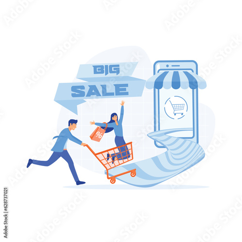 Big sale shopping, consumerism concept. happy young couple family with man pushing beautiful lady on shopping cart trolley. flat vector modern illustration 