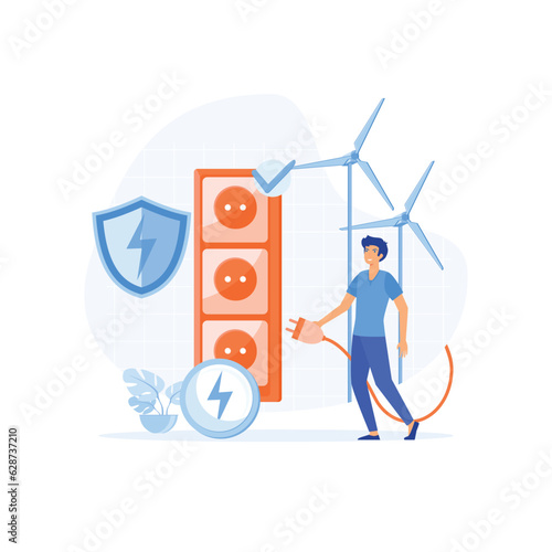 Sustainability, Green electricity and power save concept. Characters reduce energy consumption at home, flat vector modern illustration