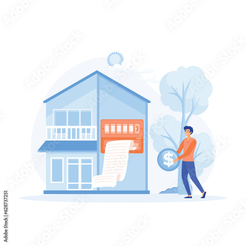 Sustainability, Home energy efficiency audit concept. Person checks heating meter and calculates household utility bill. flat vector modern illustration