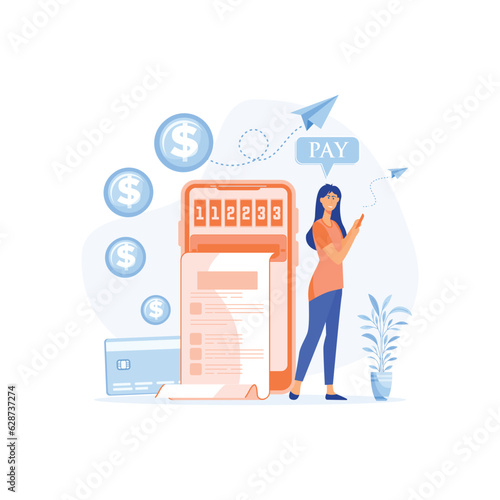Online payment concept. Digital bill. young lady pay bill using smart phone. flat vector modern illustration