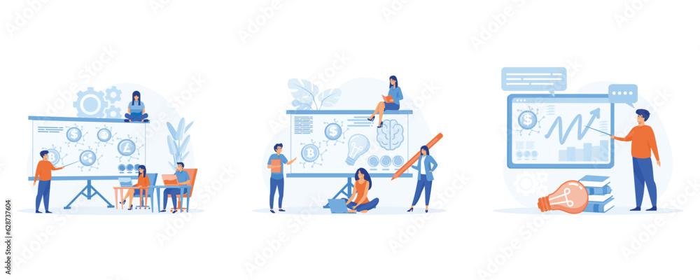 Financial literacy education and cryptocurrency, Finances, online education, analyzes statistics and manages money. set flat vector modern illustration Financial literacy education and cryptocurrency, Finances, online education, analyzes statistics and manages money. set flat vector modern illustration