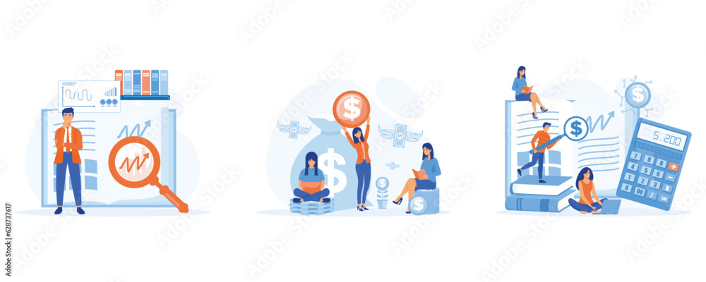 Fototapeta premium modern financial education, eople study financial literacy and accounting to raise entrepreneurship awareness. set flat vector modern illustration 