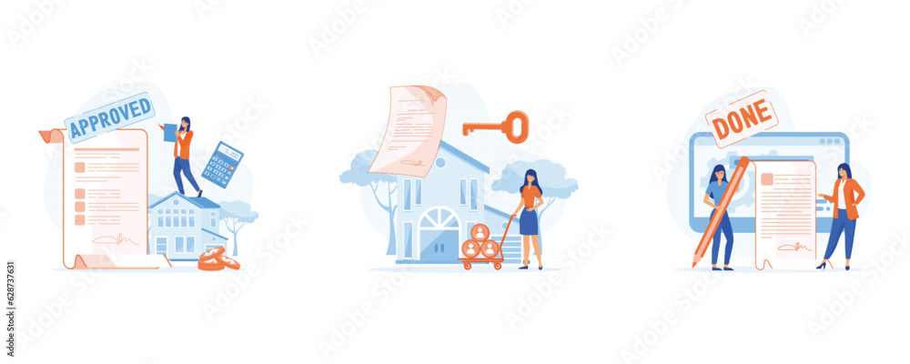 Fototapeta premium Mortgage process. Characters getting bank approval, signing contact and legal documents and receiving house keys. set flat vector modern illustration