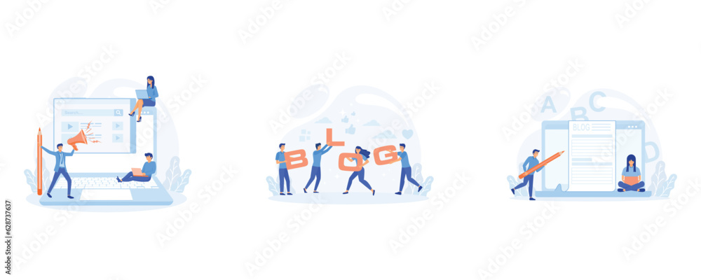 Blogging, Blogger. Freelance. Creative writing. Copy writer. Content management. set flat vector modern illustration Blogging, Blogger. Freelance. Creative writing. Copy writer. Content management. set flat vector modern illustration