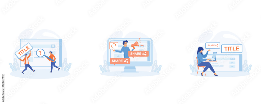 Blog promotion guidance. Title creation, social media marketing, Blog promotion mistake. set flat vector modern illustration Blog promotion guidance. Title creation, social media marketing, Blog promotion mistake. set flat vector modern illustration