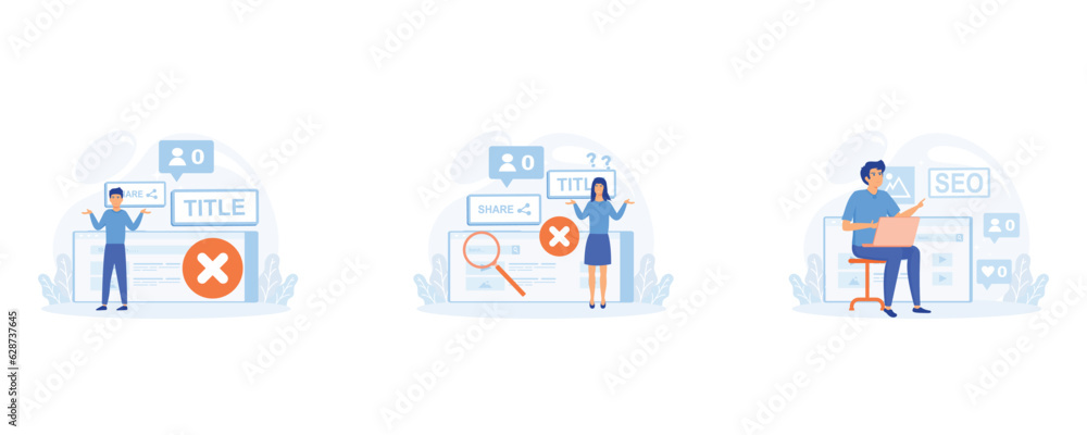 Blog promotion mistake. Ineffective keywords analysis. Content production without SEO content audit. set flat vector modern illustration Blog promotion mistake. Ineffective keywords analysis. Content production without SEO content audit. set flat vector modern illustration