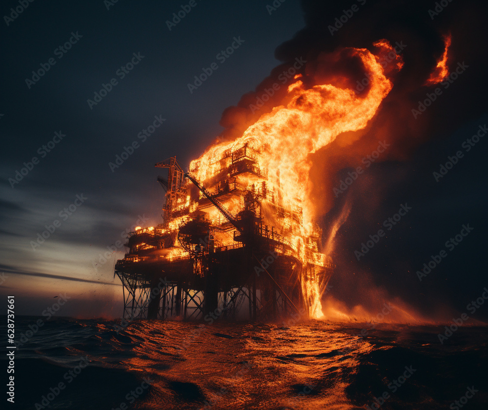 Raging Elements: Offshore Oil Rig Engulfed, Generative AI