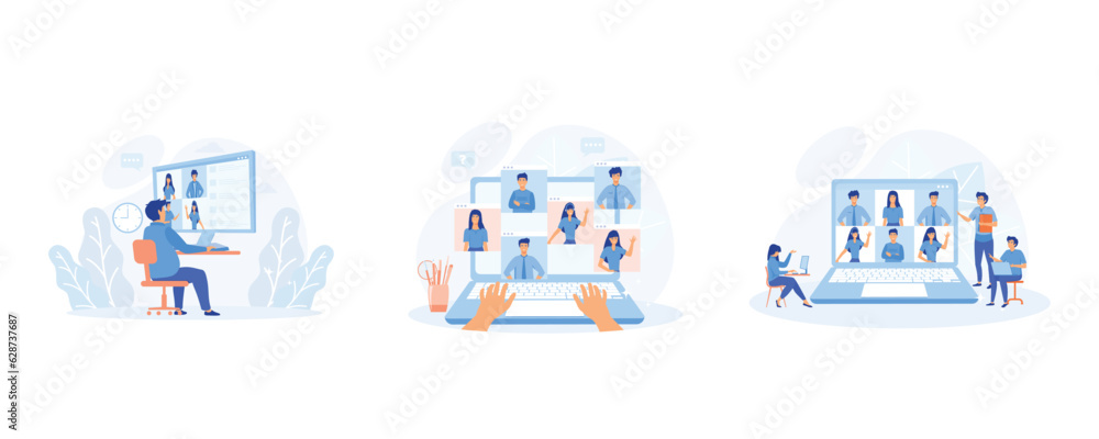 remote work, technology concept, Online Discussion and Video Conference, team thinking and brainstorming, set flat vector modern illustration 