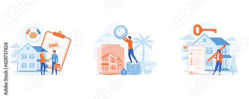 Mortgage process, Characters buying property with mortgage, receiving bank approval, signing contact and legal documents. set flat vector modern illustration