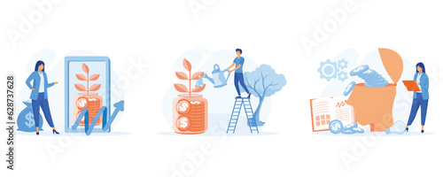 Investment concept, People characters investing money in self development, knowledge and education. Personal finance management, set flat vector modern illustration