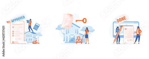 Mortgage process. Characters getting bank approval, signing contact and legal documents and receiving house keys. set flat vector modern illustration