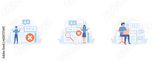 Blog promotion mistake. Ineffective keywords analysis. Content production without SEO content audit. set flat vector modern illustration 