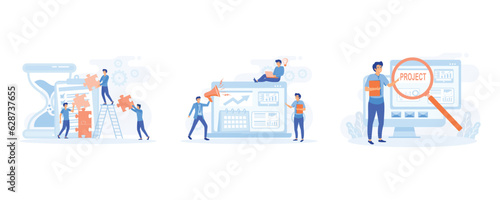 Project management. work flow organization,  teamwork. Marketing analysis and development. Project tracking. set flat vector modern illustration  