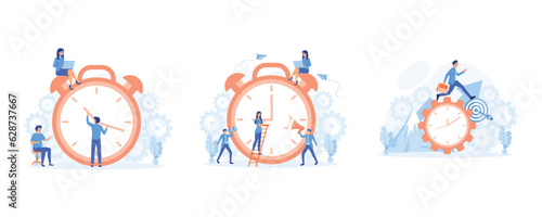Time management. Organization of process, quick reaction awakening, set flat vector modern illustration