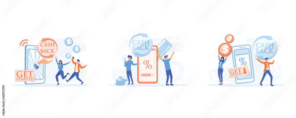 Online cash back or money refund concept. Online banking, Saving money, get vouchers and discounts, reward program, set flat vector modern illustration