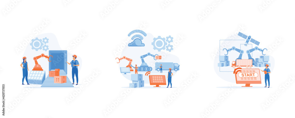 Fototapeta premium Smart industry, innovative manufacturing. work flow With clever device, Engineer working with interactive interface, set flat vector modern illustration