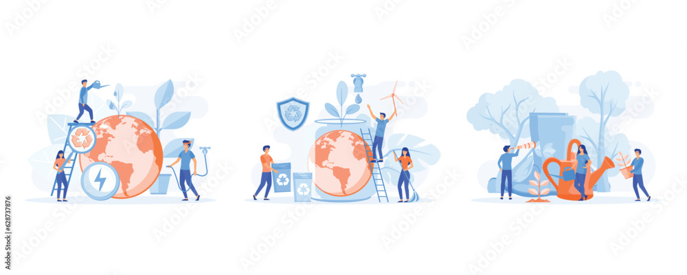 Ecology concept. Protect nature and ecology, saving the planet, World Environment Day, Bio technology, a city in the background of the planet. set flat vector modern illustration Ecology concept. Protect nature and ecology, saving the planet, World Environment Day, Bio technology, a city in the background of the planet. set flat vector modern illustration