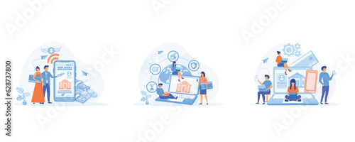 Bank Mobile Application for Family Budget, Making Deposits Online, online payment and savings transactions around the world. set flat vector modern illustration