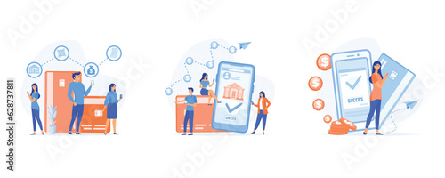 Mobile banking concept, people using app for money transfer, pays with mobile phone successfully and safely, set flat vector modern illustration