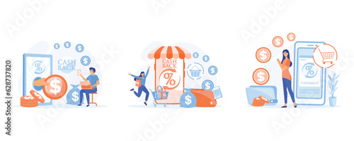 Cash back concept, Online cash back service, replenishes balance on account. set flat vector modern illustration 