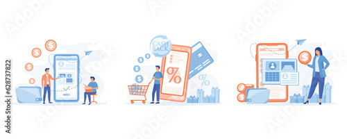 mobile banking concepts.  digital wallet app, online transactions, Cash back loyalty program, cash back on Internet,  set flat vector modern illustration