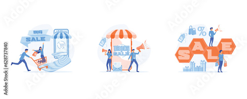 Big sale shopping, consumerism, Big sale and discounts for shoppers e-marketing, discount event. set flat vector modern illustration