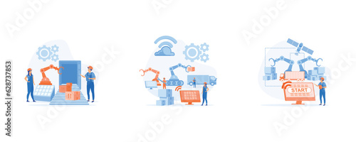 Smart industry, innovative manufacturing. work flow With clever device, Engineer working with interactive interface, set flat vector modern illustration